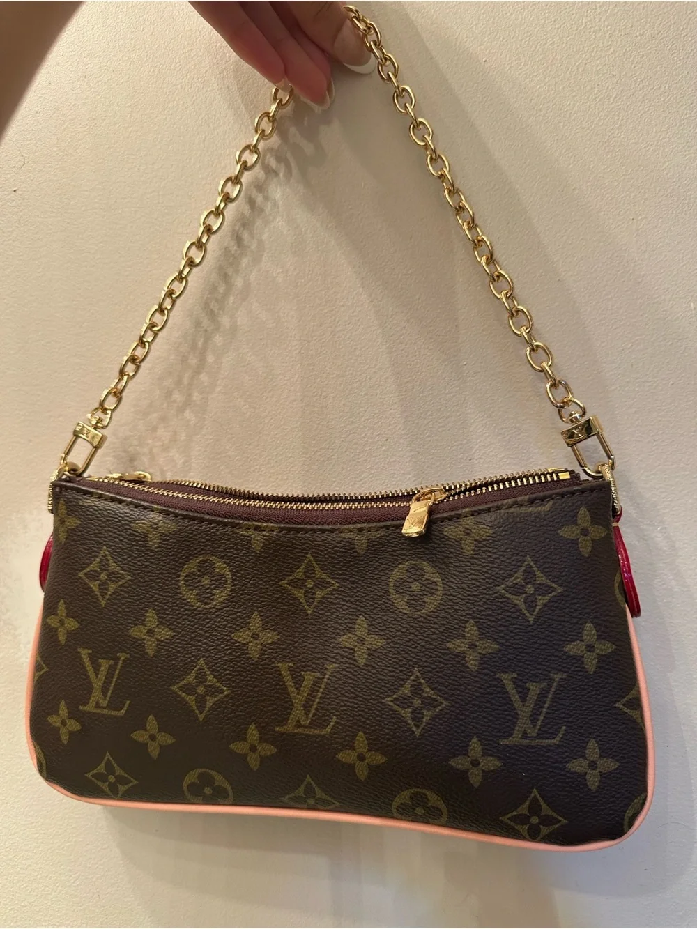 Louis Vuitton Monogram Canvas Clutch with Pink Trim and Gold Chain